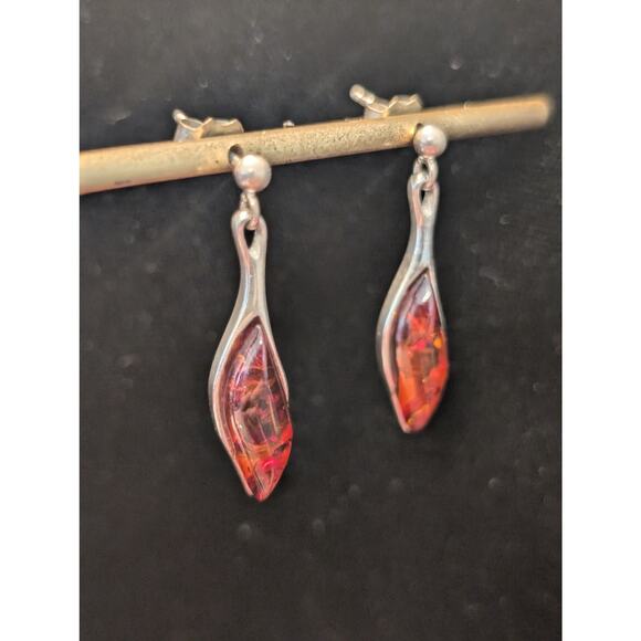 Vintage Marked 925 Sterling Silver Baltic Amber Post Dangle Earrings - Picture 6 of 8